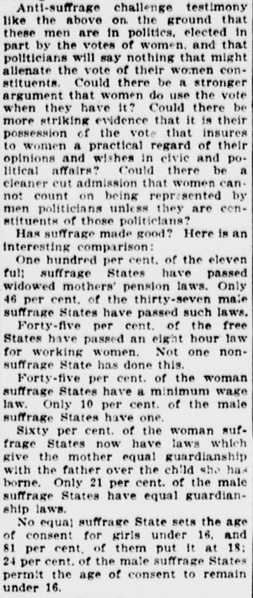 Newspaper article displaying the greater rights that women have in states with suffrage than in states without.