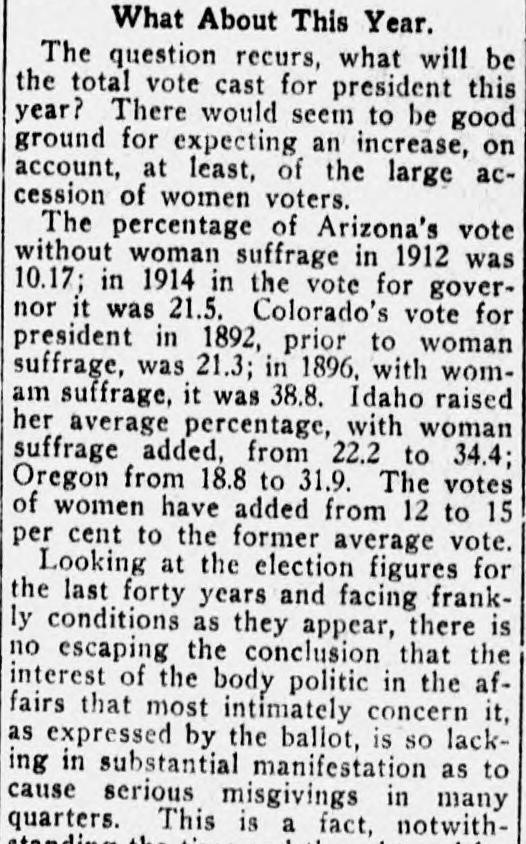 Newspaper article displaying that average voter turnout increased by 12-15 percent after key states grant women suffrage.