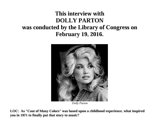 A snippet of a 2016 Library of Congress Interview with Dolly Parton