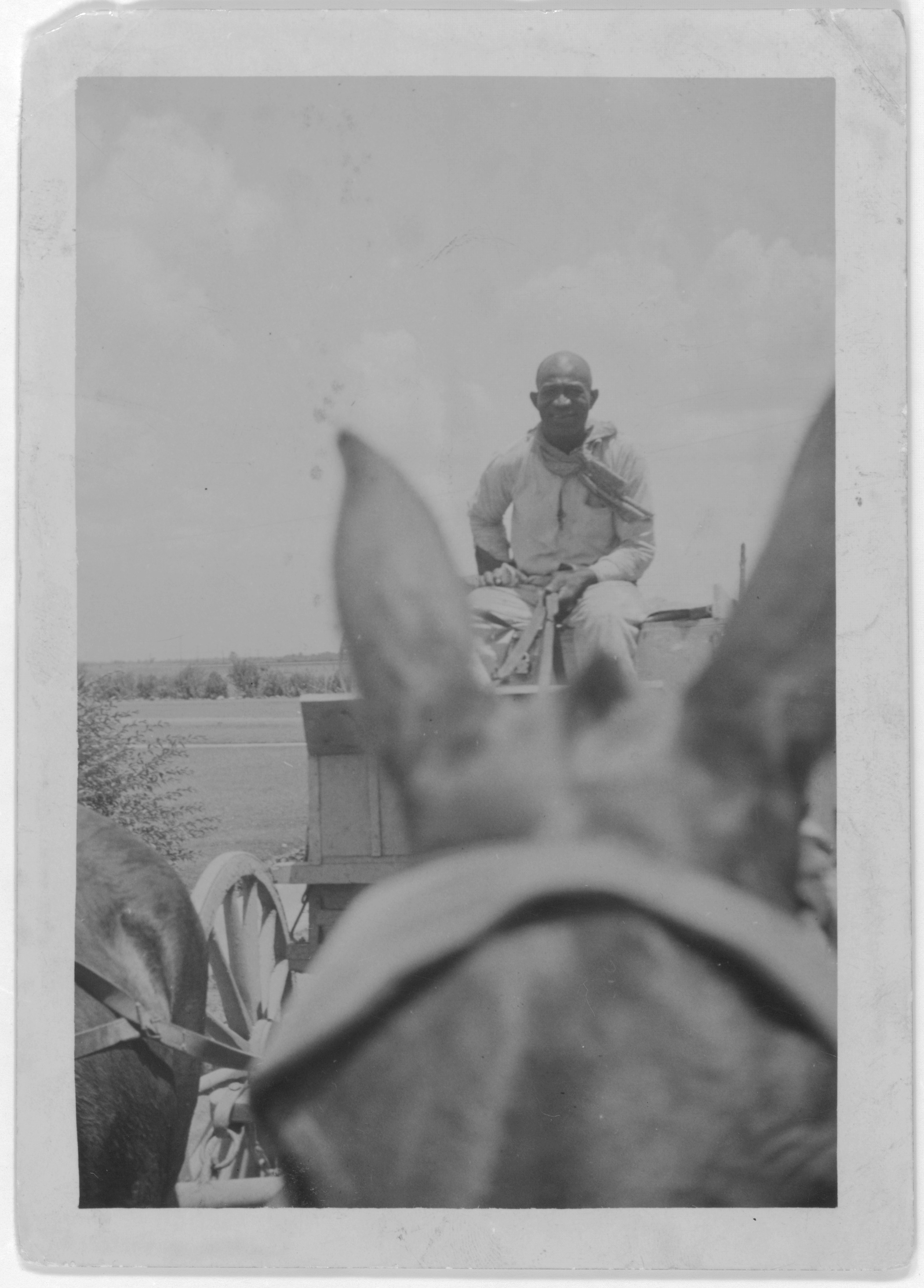 A photograph of Moses Platt, riding a horse-drawn wagon