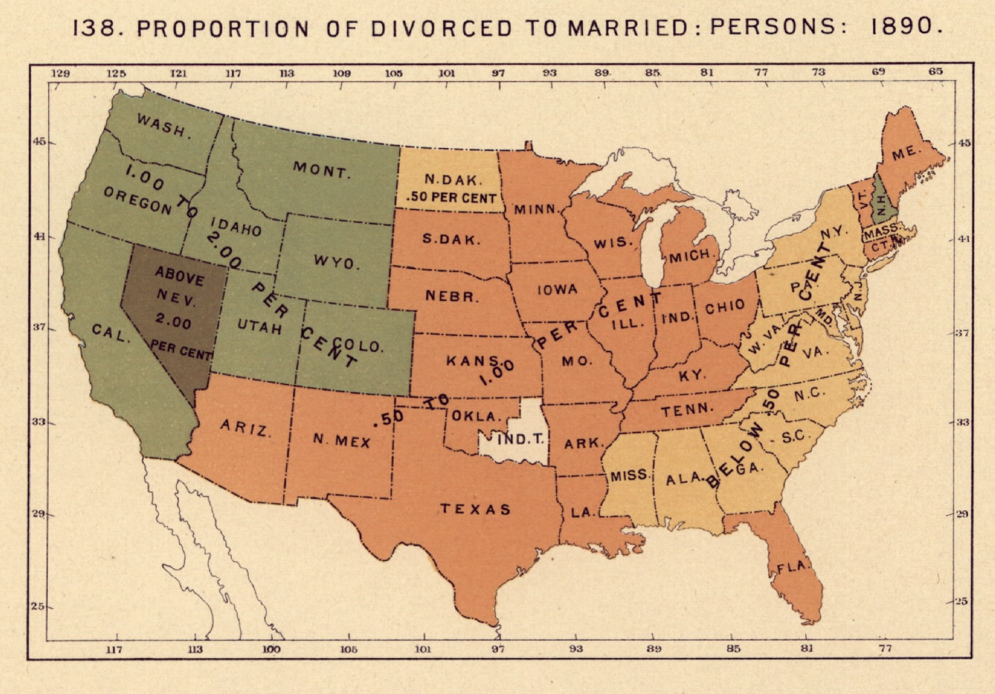 A map from the 1890 census, showing higher divorce rates in Western states by a significant margin