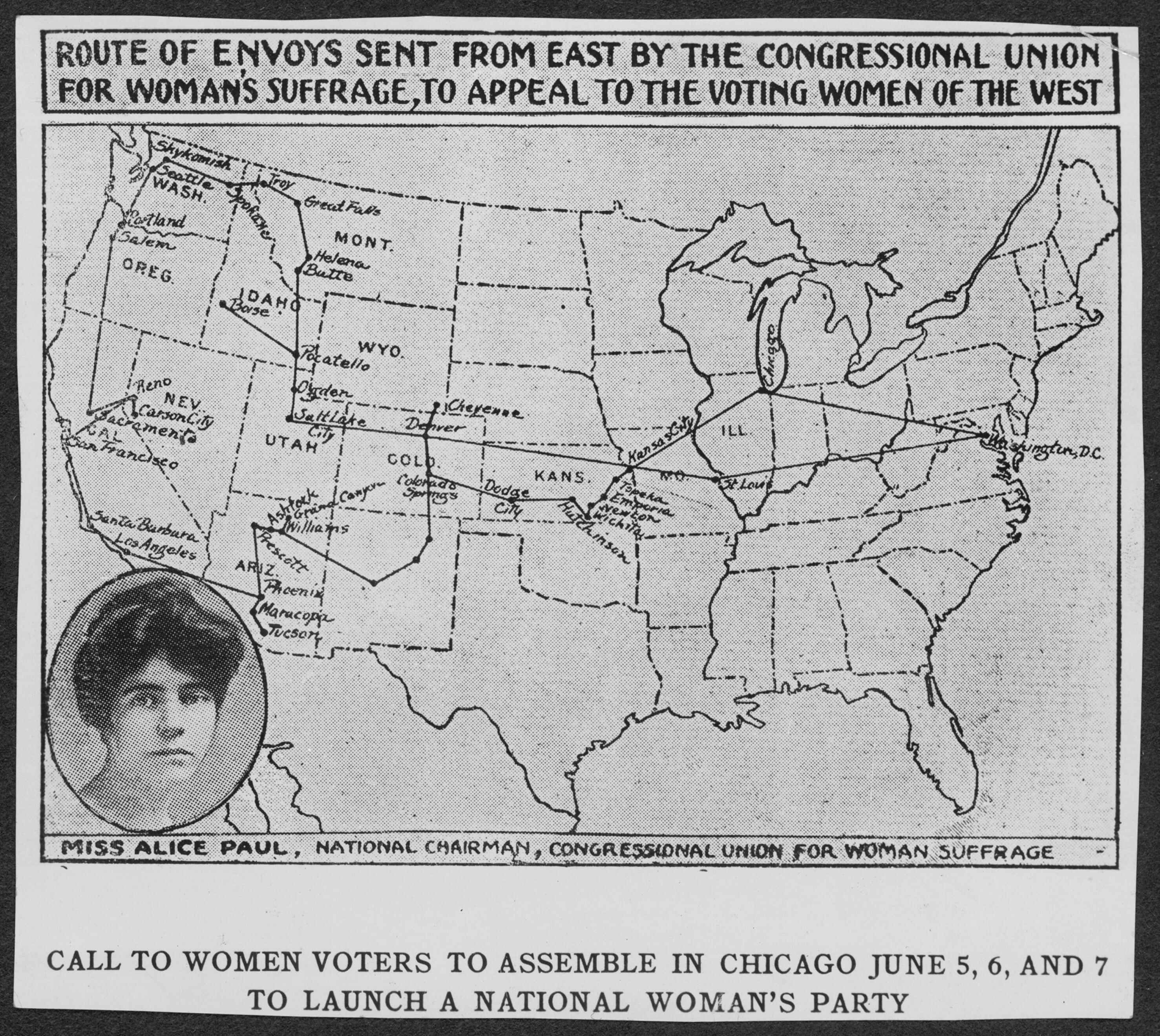 Route of Women's Suffrage envoys from East to West
