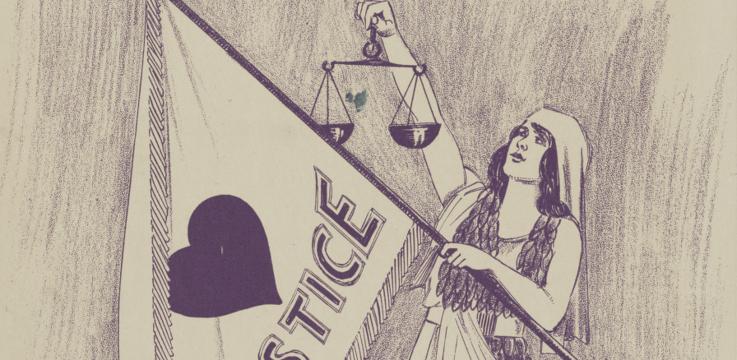 An illustration of a woman holding a flag with a heart and the word "Justice" along with a scale in an uprisen hand.