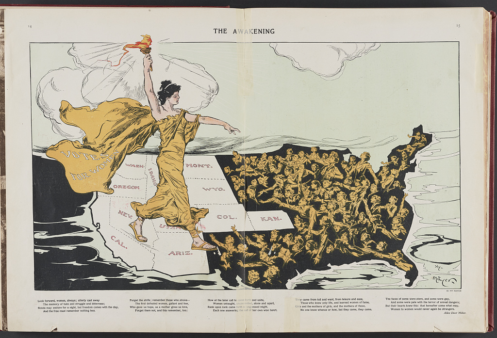 An illustration of a woman carrying a torch across the United States westward, illumuniating the darkened eastern states