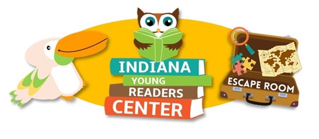 Logo for Indiana Young Readers Center with books, birds, and a briefcase.