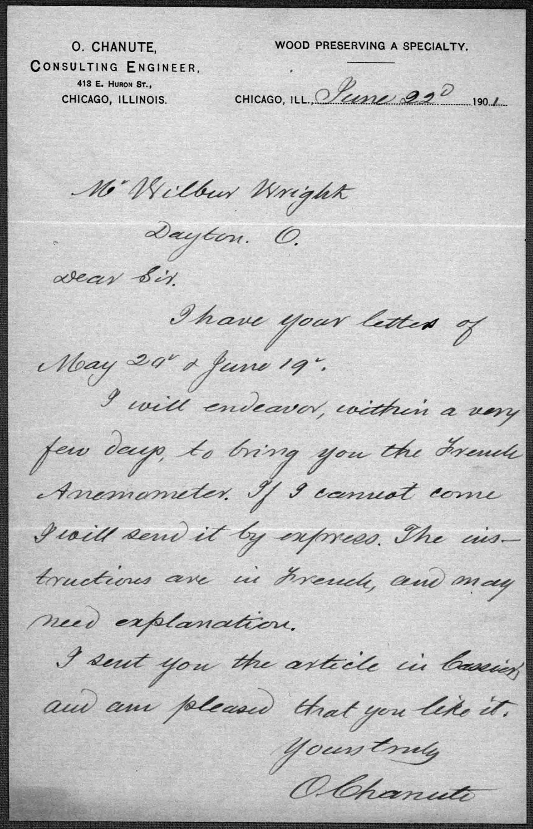 Letter written to Wilbur Wright by Octave Chanute in 1901.
